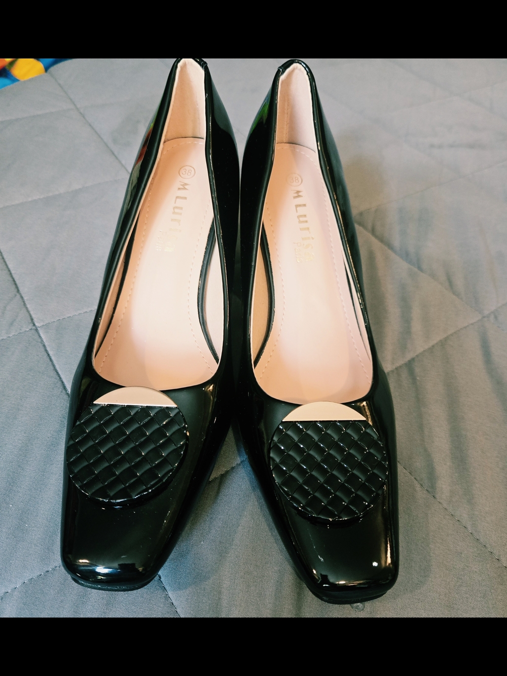 M Lurisa Paris Black Patent Block Heel Pumps